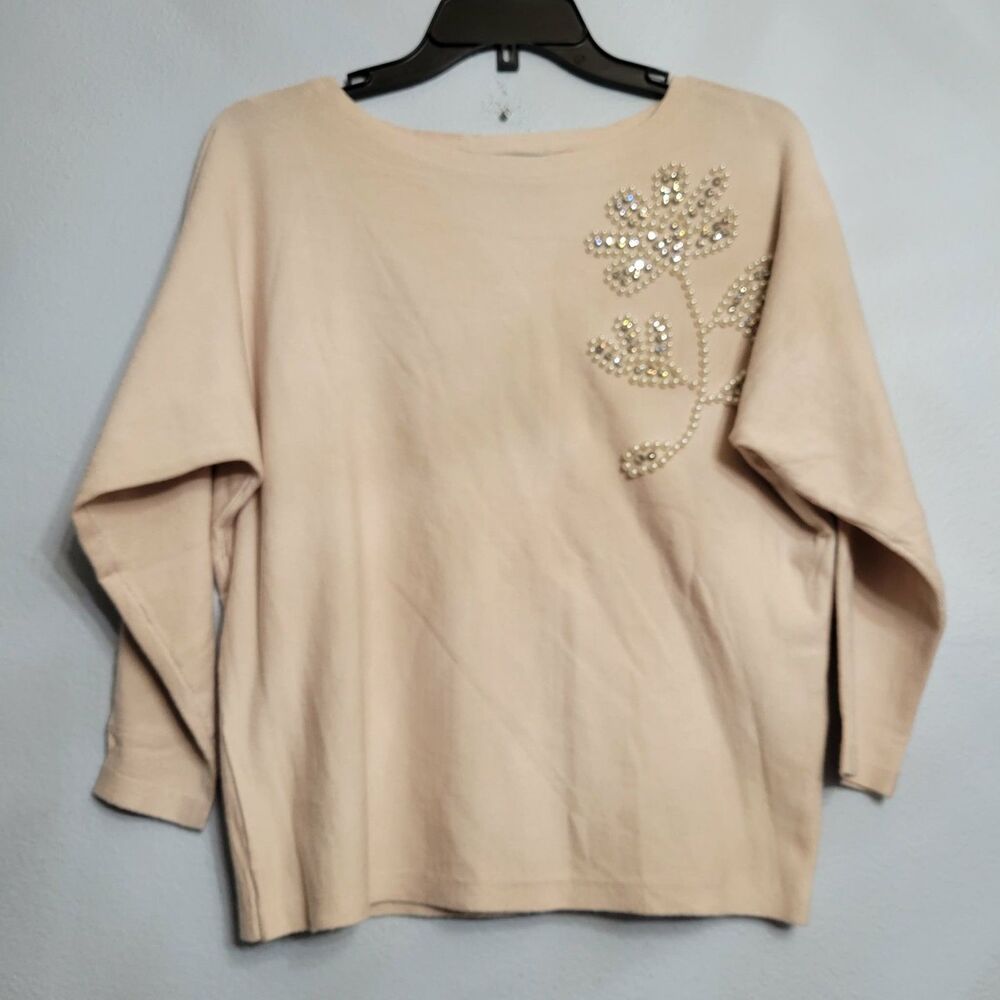 LIV Milano Womens XS Oatmeal Pearl Rhinestone Embellished Sweater NEW Romantic